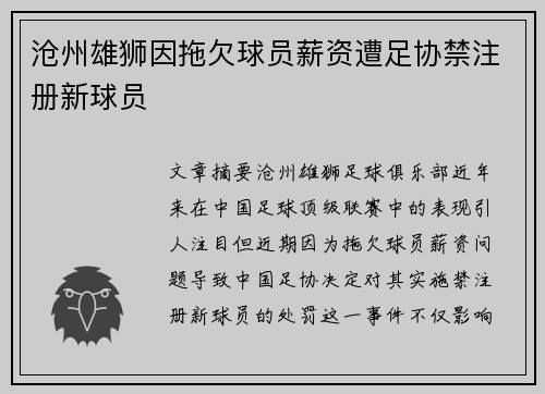 沧州雄狮因拖欠球员薪资遭足协禁注册新球员